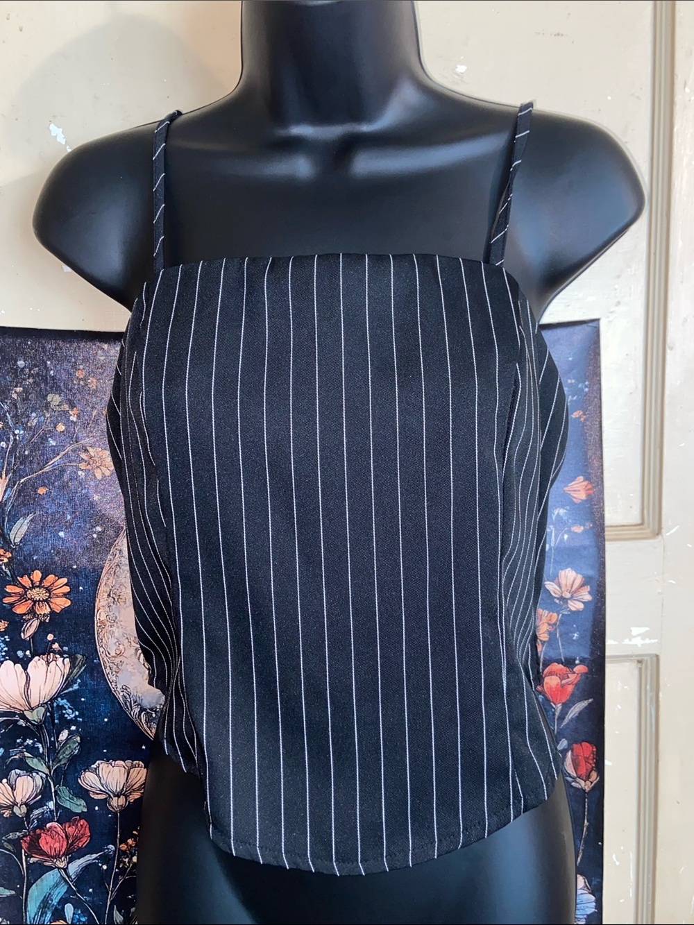 BLACK/WHITE PINSTRIPED CROPPED TANK TOP Smocked Back Spaghetti Straps YOZY XL/12